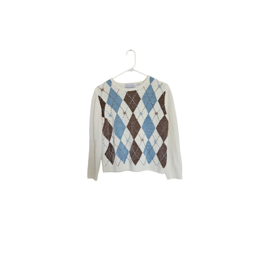 Vintage Alfred Dunner  Tan and Blue Crochet Women's Petite Medium Sweater